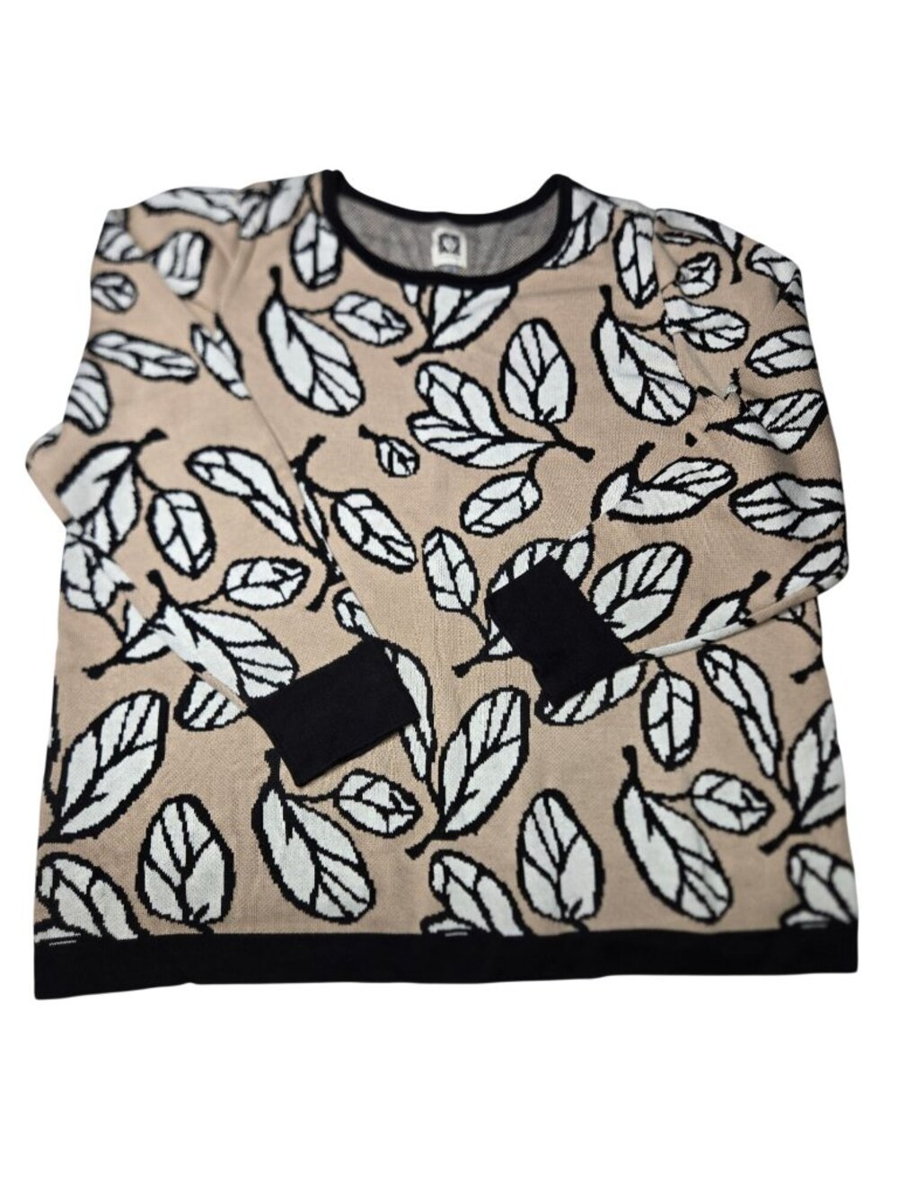 Anne Klein NWT, leaf-print Jacquard puff-shoulder sweater, crew neck, knit, cott